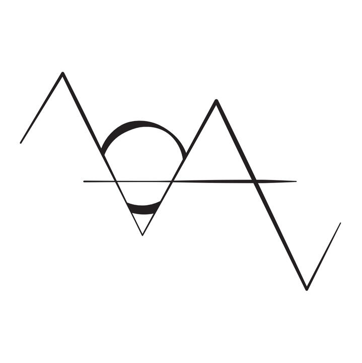 Black logo on a white background portraying what looks like a sun (or moon) setting between two mountain peaks.